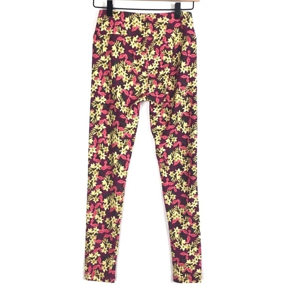 LULAROE Leggings OS One Size Floral Flowers Purple Pink Green Yellow Retro Mod - Picture 4 of 9